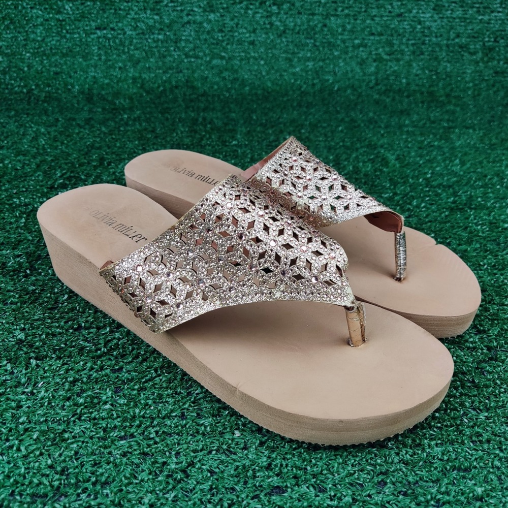 Olivia Miller Sandals Women 9 Rose Gold Glitter Wedge Rhinestone Thong Flip Flop